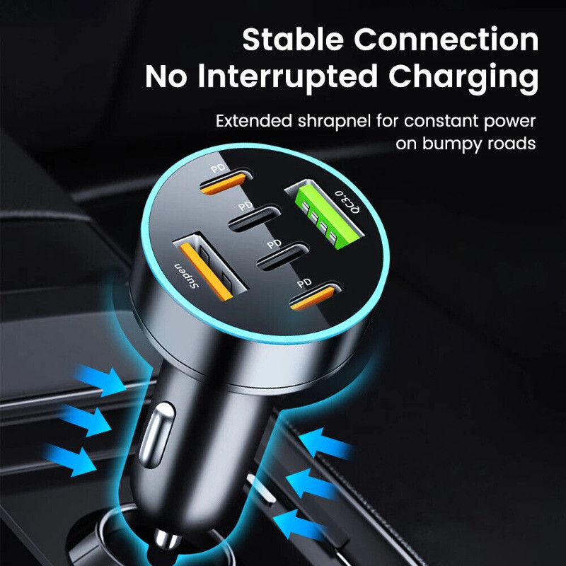 65W Multi-port Type-C PD Fast Car Charger, 4FT 4-in-1 Cable For All Cell Phone gallery