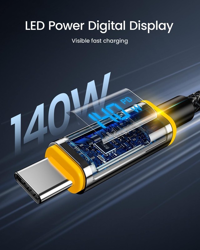140W USB C to USB C Cable with Display Magline Nylon 4ft Fast Charging Cord