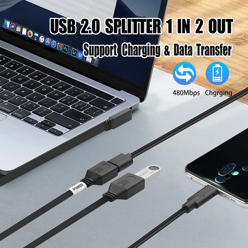USB Splitter Cable 90 Degree USB 2.0 A Male to Double Female Adapter 1.6 FT gallery