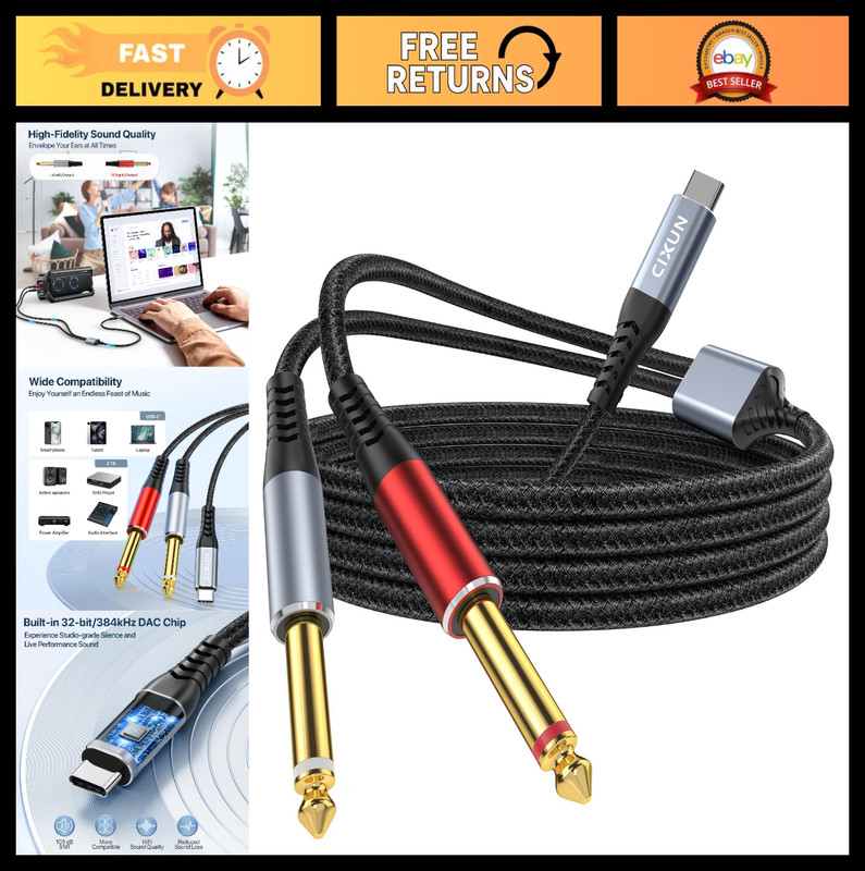 USB C to 1/4″ Audio Cable – 6.5FT AUX Dual TS Mono for Smartphone, Tablet, Mixer