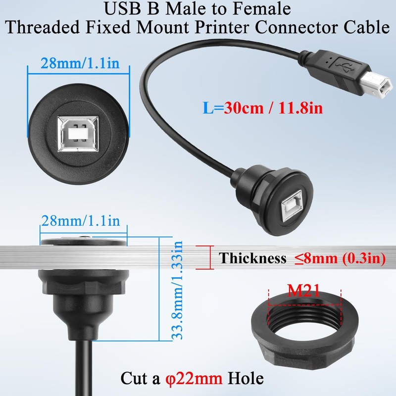 USB B Threaded Mount Printer Cable Type B 2.0 Male to Female 30cm 1 PCS gallery