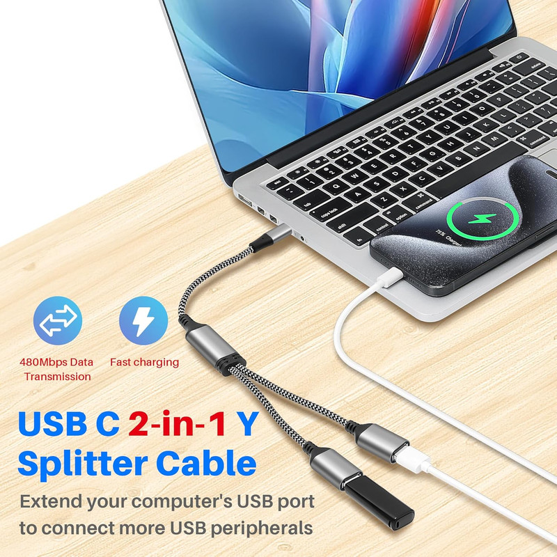 USB C Splitter 1-In-2 Out Y-Adapter Cable 1Feet, USB Type-C Male to Dual 2 gallery