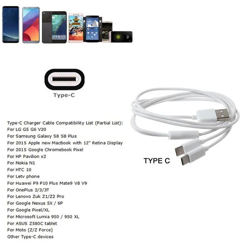 2PC Portable USB 2.0 Type A M To Dual Type C M Splitter Y Charg Data Cable White gallery