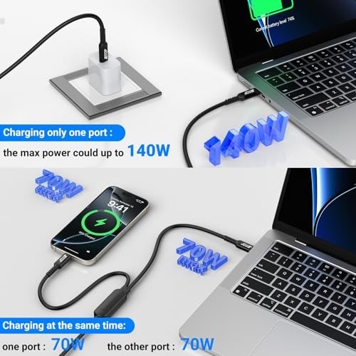 6ft USB C Cable 140W Fast Charging, 2-in-1 Type-C to USB C for iPhone, MacBook, gallery