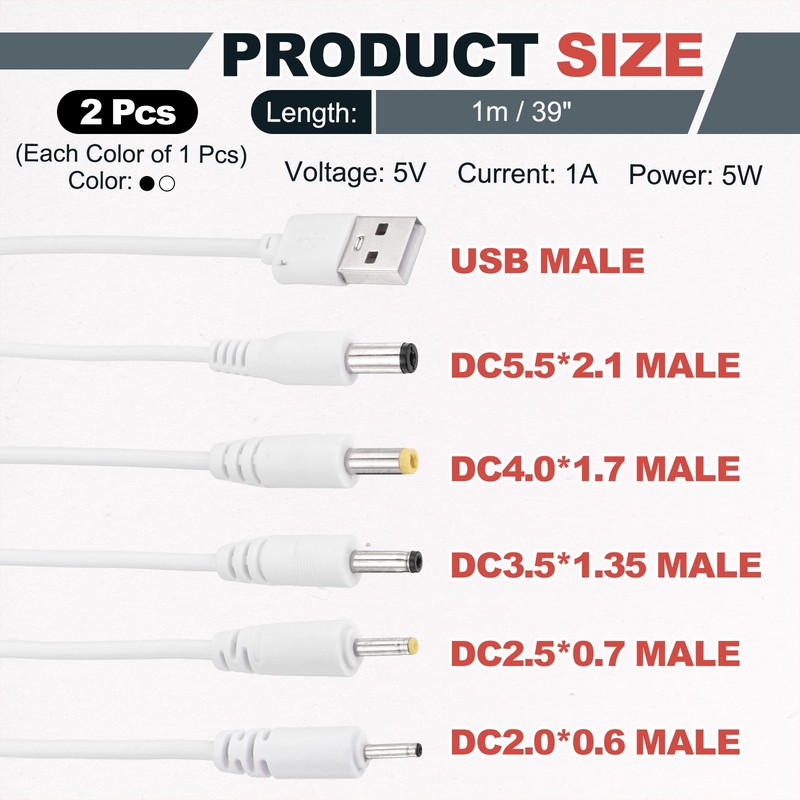 2Pcs USB to DC Power Charging Cable, 5V Round Plug Connector 39", Black White gallery