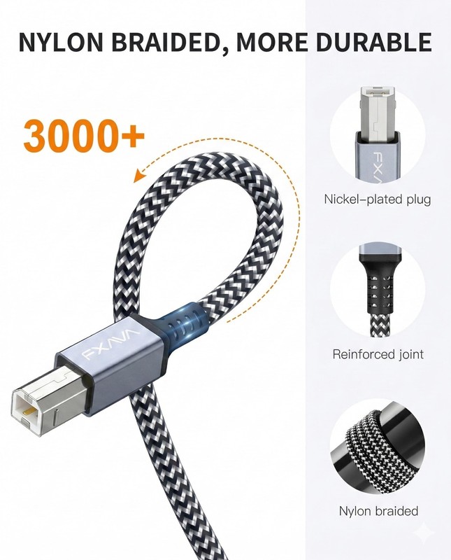 USB Printer Cable 30 ft, Nylon Braided Type A to B 2.0 Cord, Compatible with ... gallery