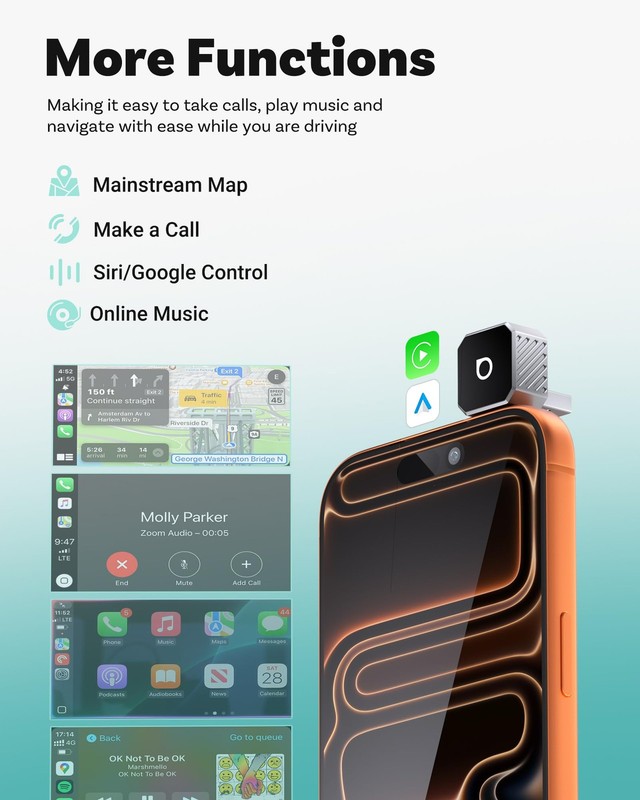 USB-C Mini 3.0 Wireless CarPlay & Android Auto Adapter – for Apple iPhone/And... gallery