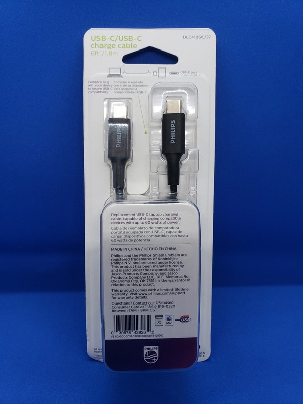 Philips 6' USB-C to USB-C Charge Cable 60W Black- NEW AND SEALED gallery