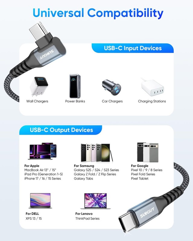Right Angle USB to USB Cable 3FT 2Pack 60W Fast Charging USBC Cable Braided D... gallery