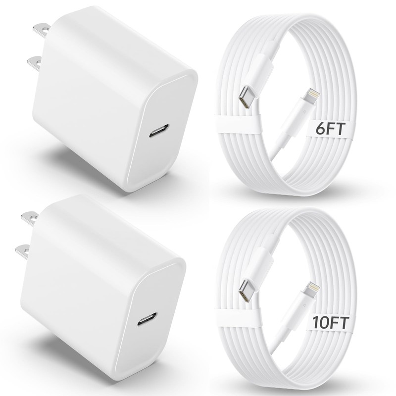 20W USB C PD Charger 2 Pack with 6ft 10ft Cables