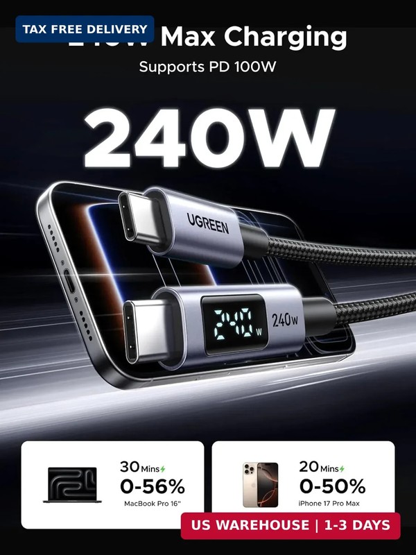 UGREEN USB-C to USB-C 240W Fast Charging Cable with Digital Display for Real-Tim gallery