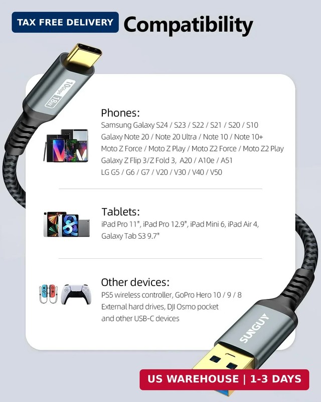 SUNGUY 10Gbps USB C 3.1 Gen 2 Cable, 4FT USB A to USB C 3A Fast Charging & Data gallery