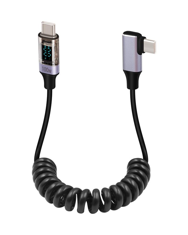Coiled USB C To C Cable LED Display 90 Degree PD 100W Fast Charging Cord