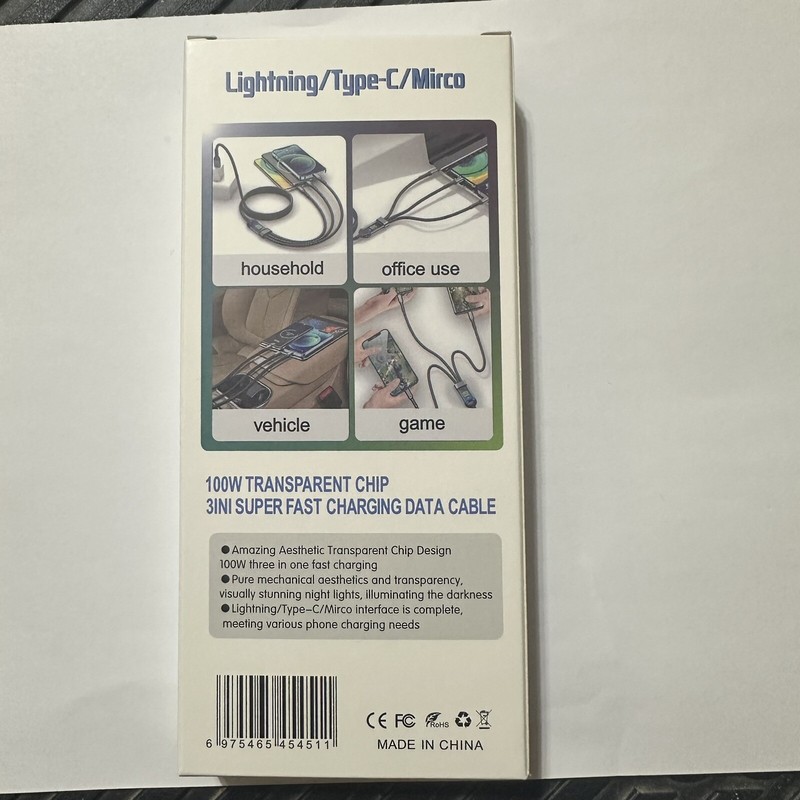 New 100W 3in1 Super Charging Cable 6A MicroUSB Type C Fast ChargerType-C CableD gallery