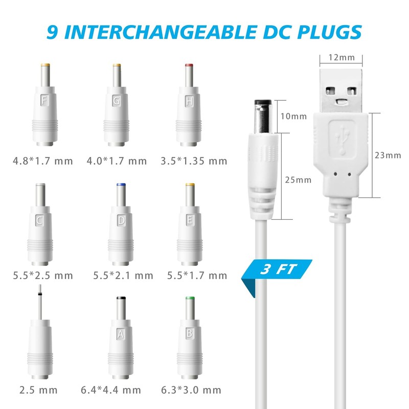 USB to DC 5V Power Cord, Universal DC 5.5x2.1mm Charging Cable with 9 Interch... gallery