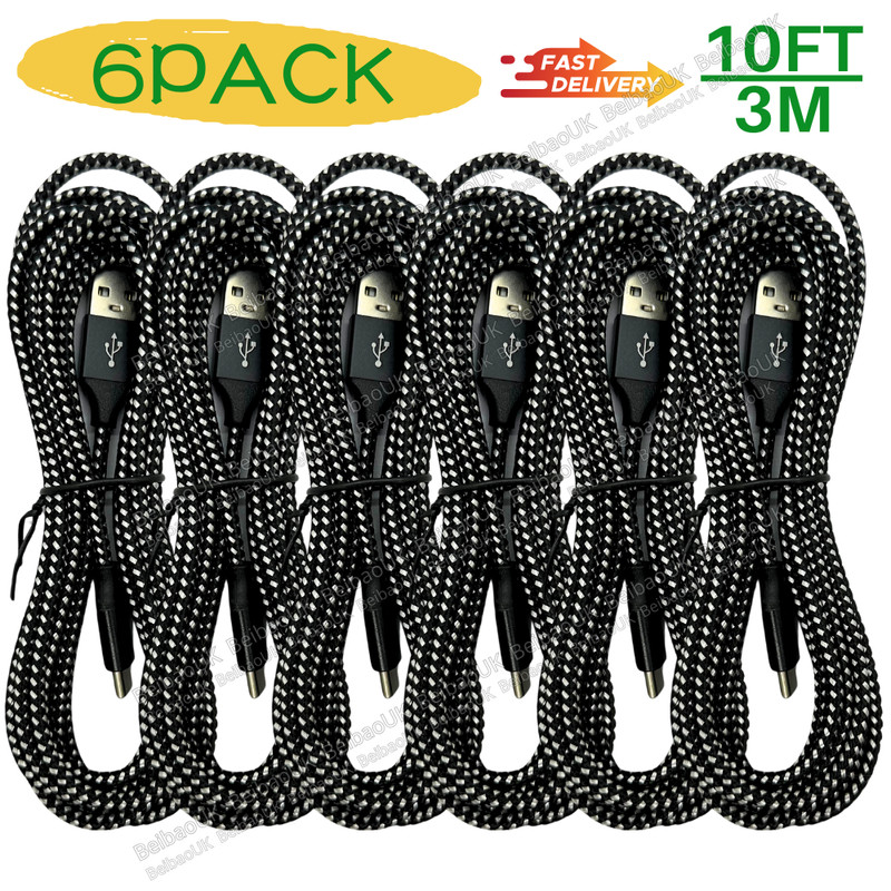 6Pack Braided 10Ft USB to Type-C Cable Long Fast Charger Charging Data Sync Cord