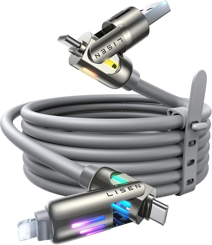 240W Chubby USB C Cable, 4 in 1 Charging Cable (6.6FT) with Light, USB A/C to C/