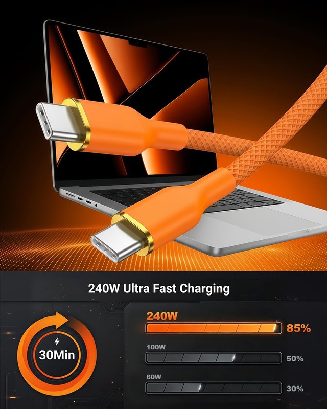 240W USB C Cable, Orange Braided C to C Cable Fast Charging 6.6FT 2-Pack, Typ... gallery