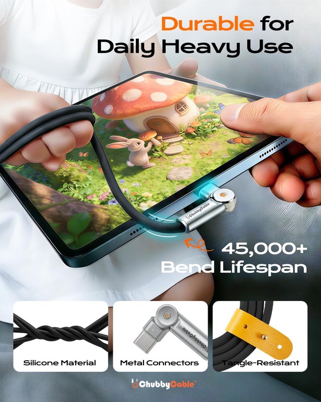 240W Dual 180° Rotating Fast Charging Cable, LED Light, Soft Silicone, 6.6ft, Du gallery