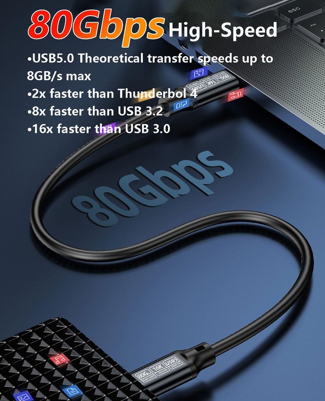 1.6 Ft 0.5m Black USB C To C 240W Fast Charge Cable 80Gbps 16K Nylon Braided gallery