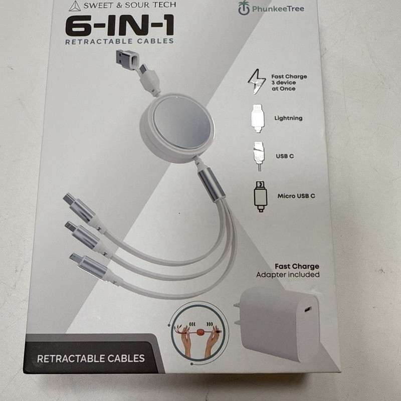 NEW WHITE 6-In-1 Retractable Cable SWEET SOUR TECH W/ FAST CHARGE ADAPTER gallery