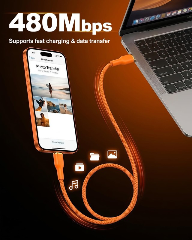 240W USB C Cable, Orange Braided C to C Cable Fast Charging 6.6FT 2-Pack, Typ... gallery