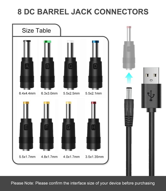 5V DC Power Cable, USB to DC 5.5x2.1mm Plug Charging Cord with 8 Connectors A... gallery