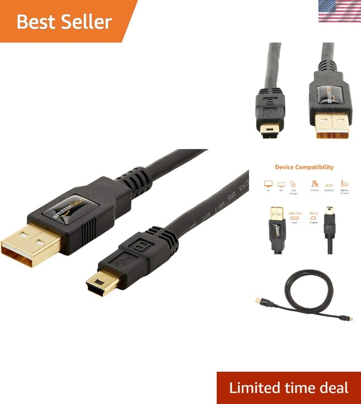 Essential USB 2.0 A to Mini-B Cable, 6ft – Ideal for Data Transfer & Charging