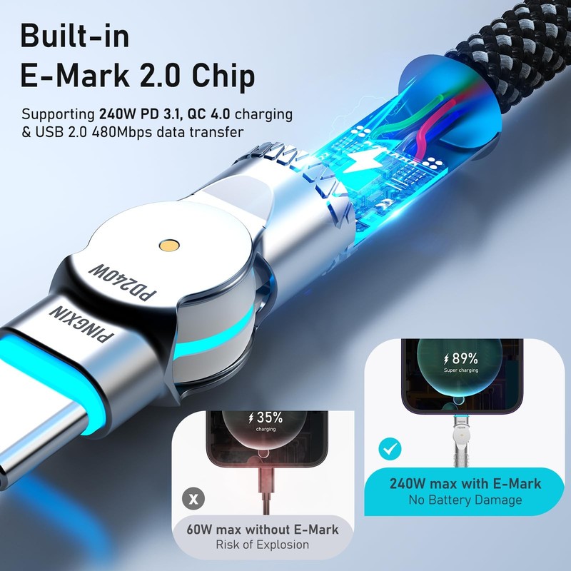 USB C to USB C Cable 10FT 240W, 180°Rotating USB C Cable Braided Type C Charg... gallery