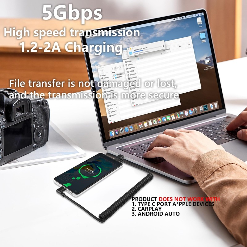 1 PC 90 Degree Left Angle USB Type C Spring Cable Retractable USB 3.0 5Gbps gallery