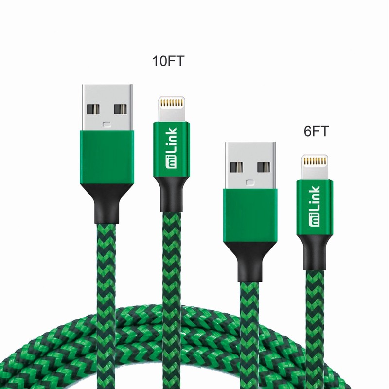 2-Pack 6FT & 10FT 8pin connector Charging and Syncing Cable (Green & Black)