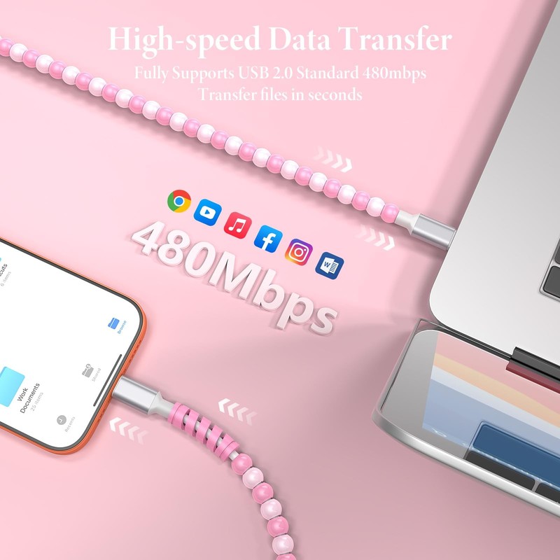 USB C to USB C Cable 6FT 60W PD Fast Charging Beaded Charger Cord Cute Pearl ... gallery