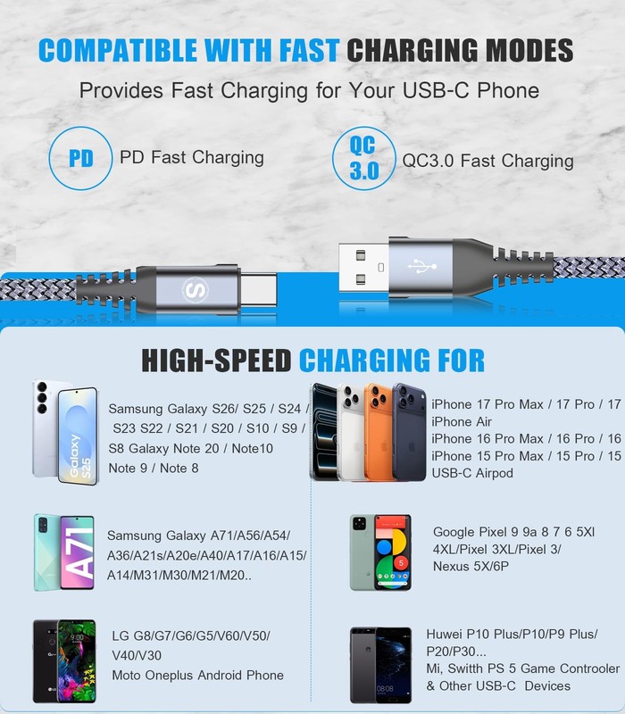 3 Pack 3.3ft 6.6ft 10ft USB Type C Charger Cable Fast Charging Cord Lead gallery