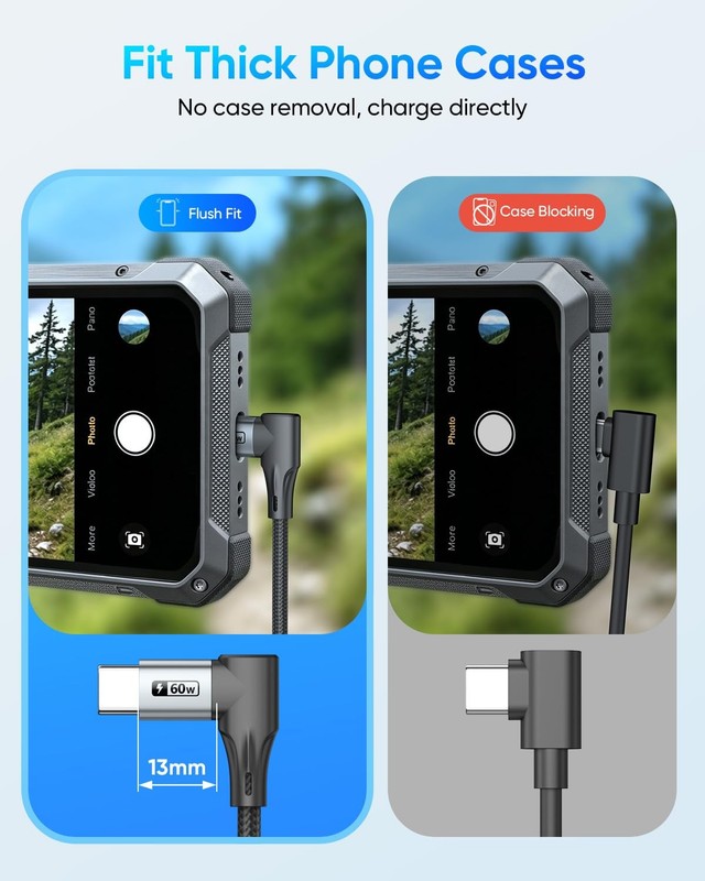 SUNGUY Longer Right Angle USB C Cable for Thick Cases 1FT 1FT+1FT, Grey gallery