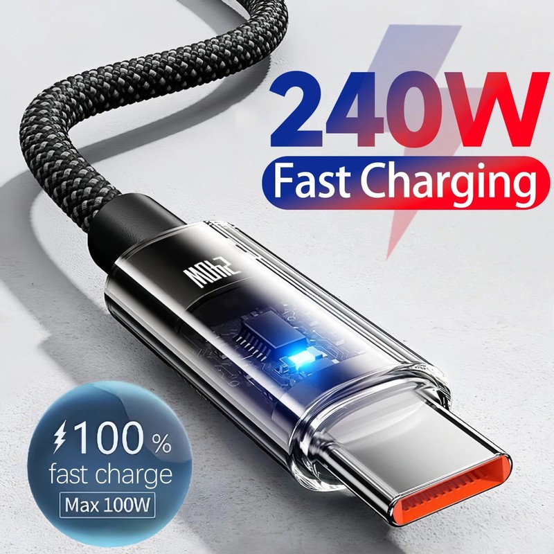 240W USB C Fast Charging Cable Nylon Braided LED Display Charger Cord gallery