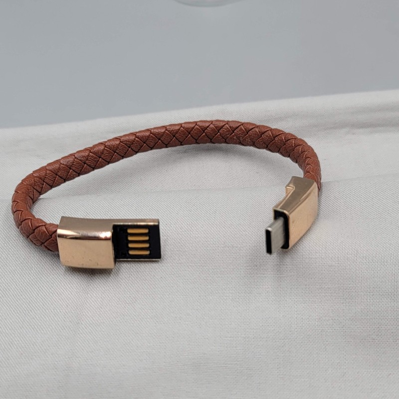 USB Cable Brown PU Leather Braided Charger Bracelet Gold tone 7 in gallery
