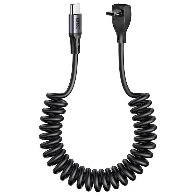 SUNGUY Right Angle USB C Cable, Coiled C Cable 60W Fast 4FT, Grey