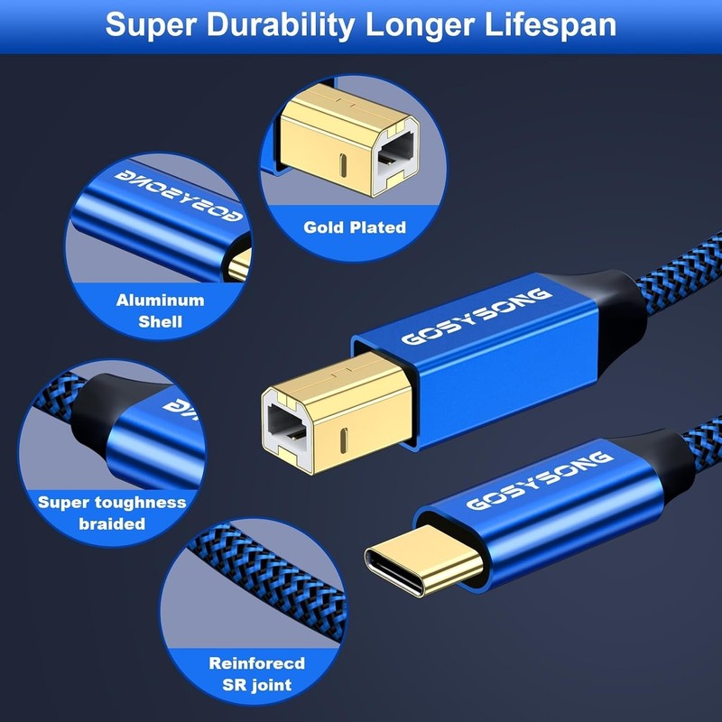 USB C to USB B Printer Cable - 100ft Tangle-Free Nylon gallery