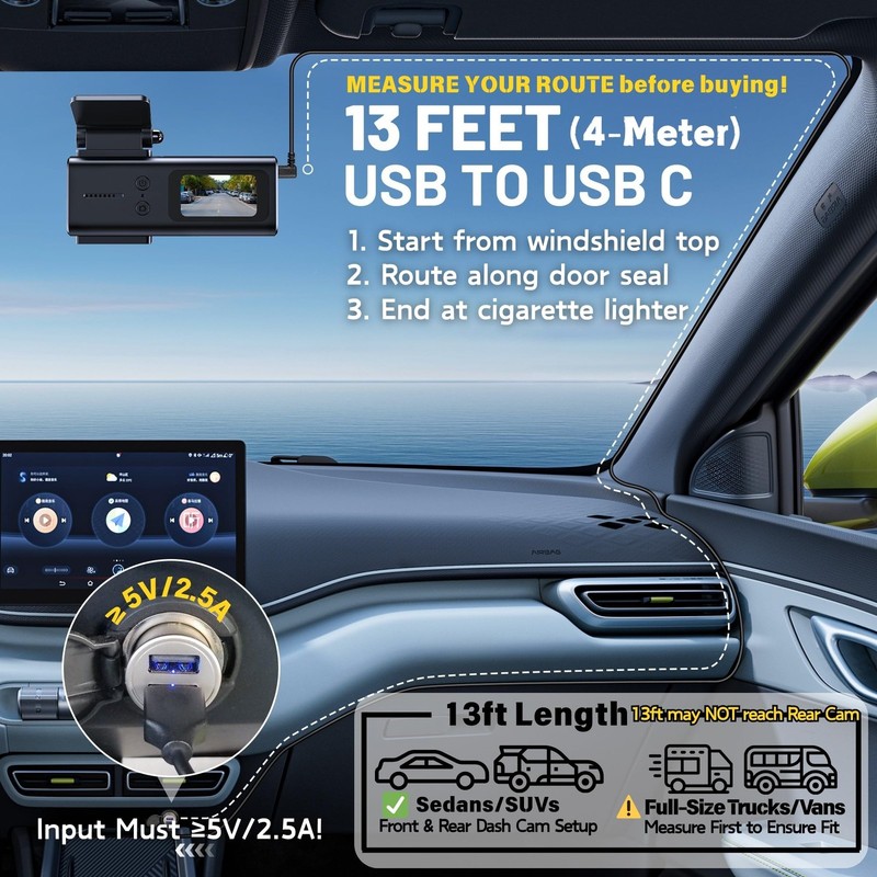 USB Dash Cam Power Cord (13FT/4M), 90 Degree USB-A 2.0 to -Cable REQUIRES 2.5... gallery