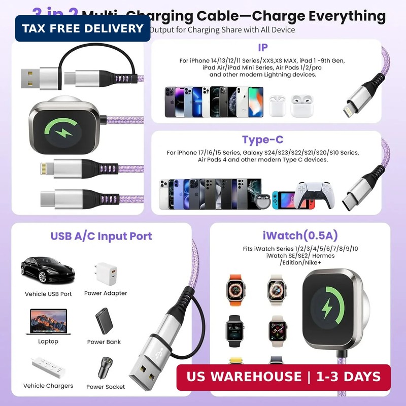 Travel Essentials, 3 in 2 USB A/C Cable to iPhone 17 Charger/iWatch Charger/IP, gallery