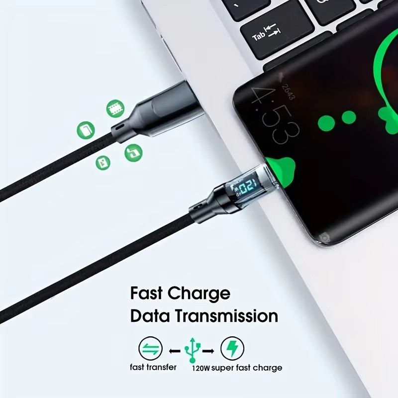 120W USB C Fast Charging Cable LED Display USB A to C 1M High Speed Cord