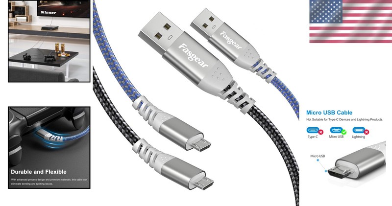 2-Pack 16ft Micro USB Cables - Durable, Fast Charging & Sync for All Devices gallery
