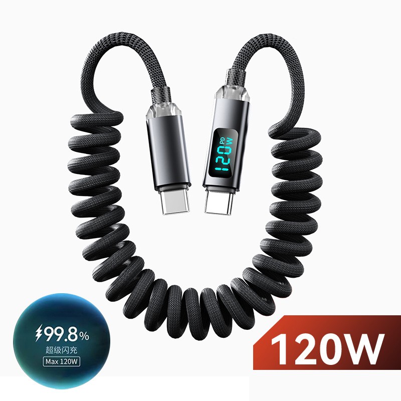 C-C, USB-C Spring Coil Cable Braided Fast Phone Lead Charger 120W Power Display gallery