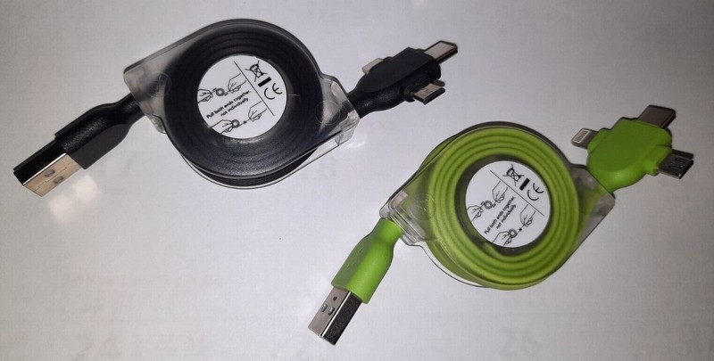 2Pack 3' 3-in-1 Multi Retractable USB TypeC iPhone Micro ChargerCable BlackGreen