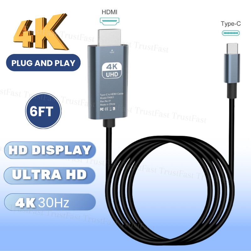 4K Phone to HDMI TV Type-C Mirroring Cable 30Hz 6FT For iPhone 17 16e 15 Android