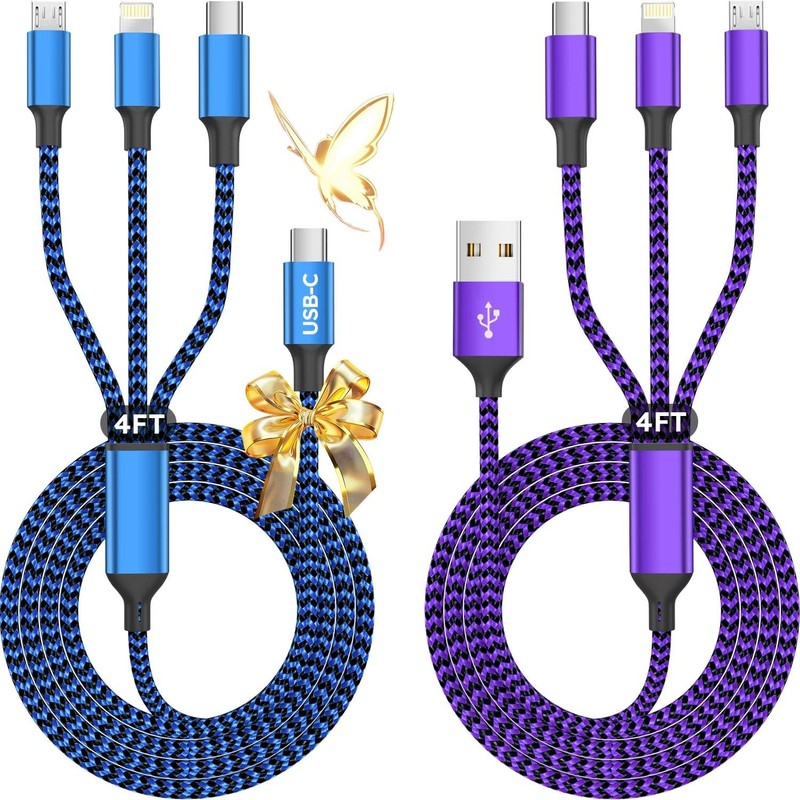 Multi Charging Cable 2Pack 4FT 3-in-1 USB-A/C Universal Cord Phone Use