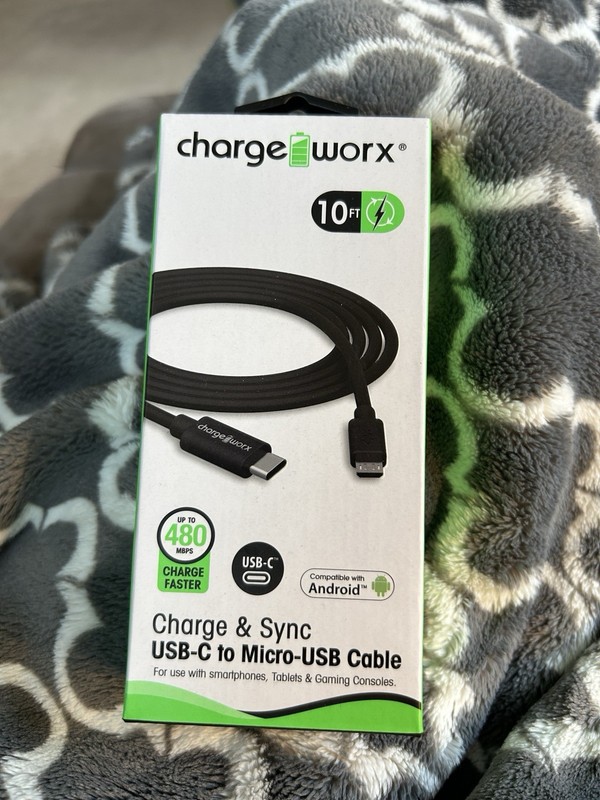 New Chargeworx 10’ Charge And Sync USB-C To Micro USB Cable