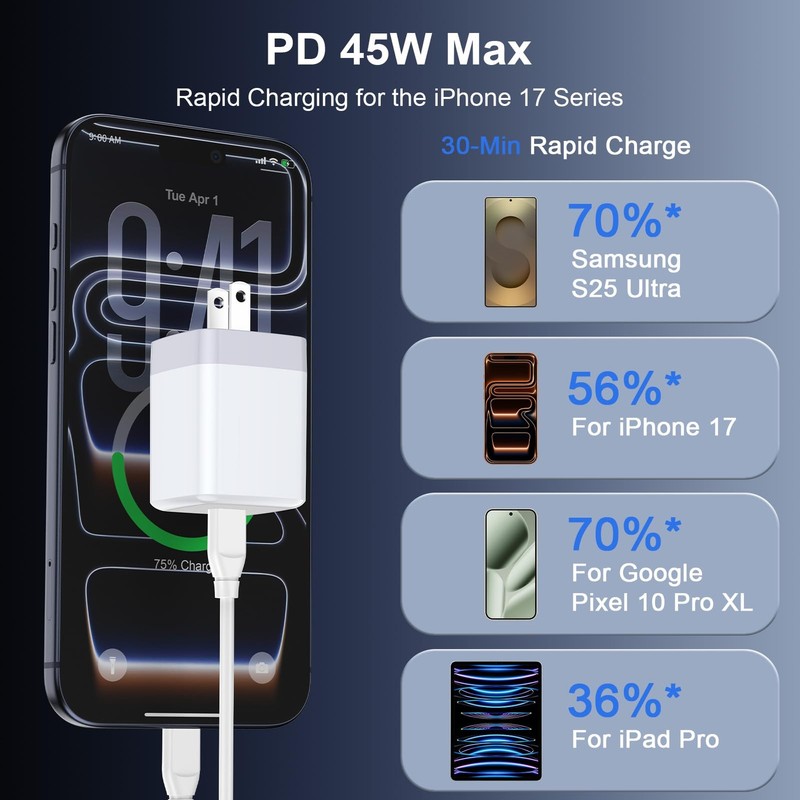 45W USB C Fast Charger for iPhone 17e 17 Pro Max 17 Pro 16 Wall Adapter Plug gallery
