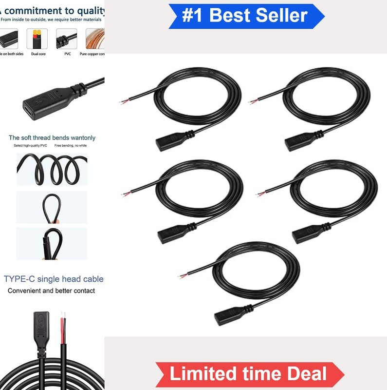 USB-C Pigtail Cable Extension 22AWG 5V 3A Type C Male to 2 Pin Bare Wire DIY
