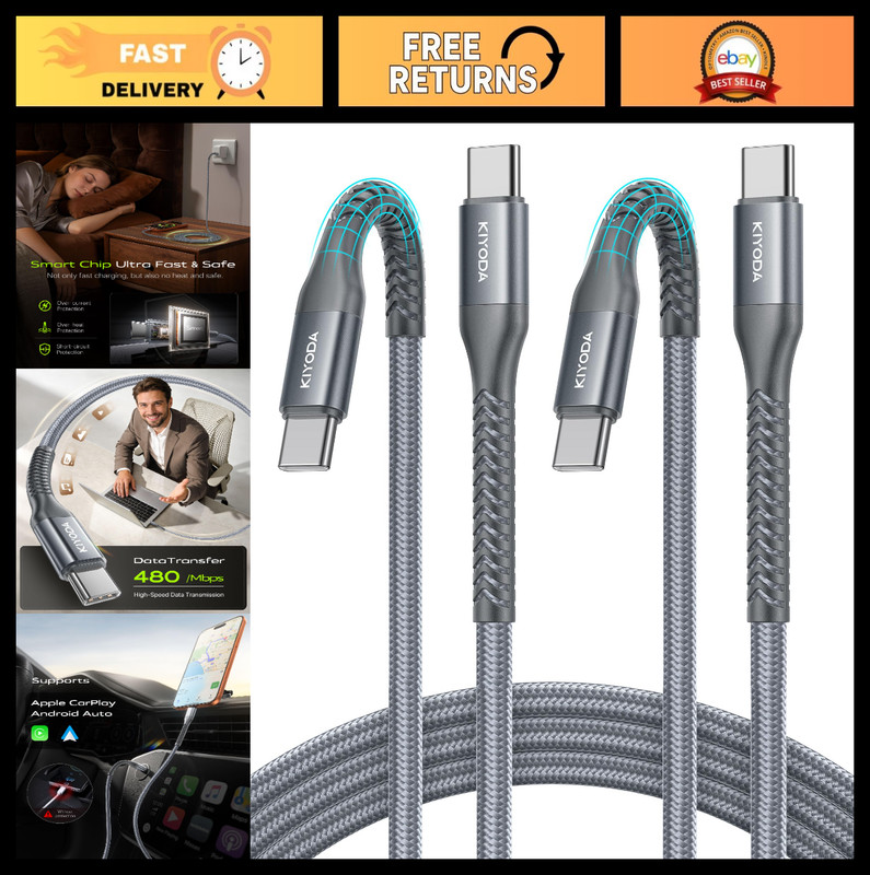 10FT USB C to C Cable 60W Fast Charging, 2-Pack Durable Type C Charger for iPhon